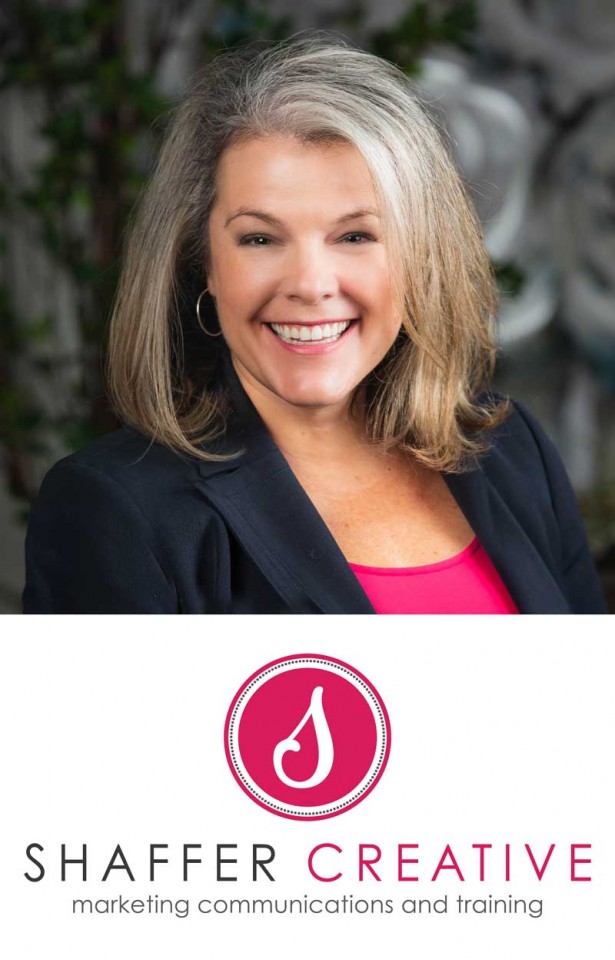 Photo of Julie Shaffer, FSMPS, CPSM, and her firm logo for Shaffer Creative